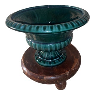 Vintage Hull Usa Pottery Green Drip Glaze Pedestal Bowl Urn Planter For Sale