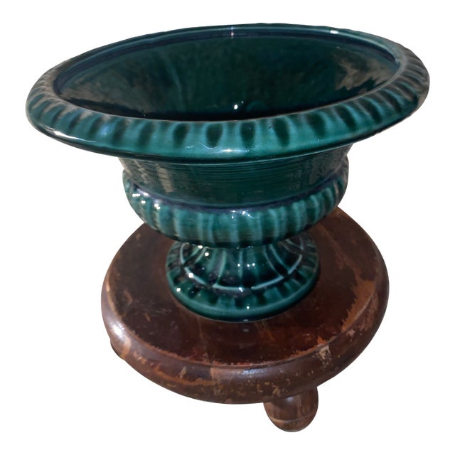 Vintage Hull Usa Pottery Green Drip Glaze Pedestal Bowl Urn Planter For Sale