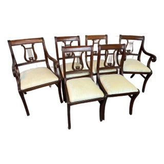 1940's Reupholstered Mahogany Kilsmos Lyre Back Dining Chairs (6) For Sale