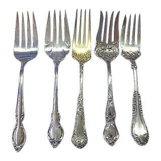 Antique Victorian Floral Silverplate Cold Meat Serving Fork Assortment Set- 5 Pieces For Sale