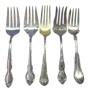 Antique Victorian Floral Silverplate Cold Meat Serving Fork Assortment Set- 5 Pieces