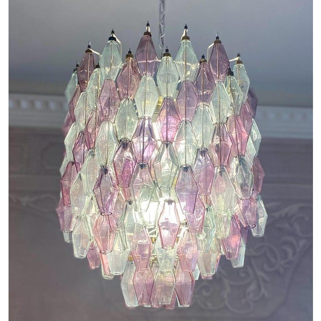 Fabulous original polyhedral murano glass chandelier. Rare combination pink amethyst and clear colored poliedri hanging...