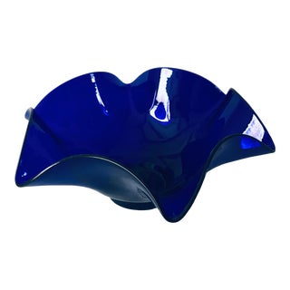 Modern Cobalt Blue Wave Edge Glass Centerpiece/Bowl For Sale