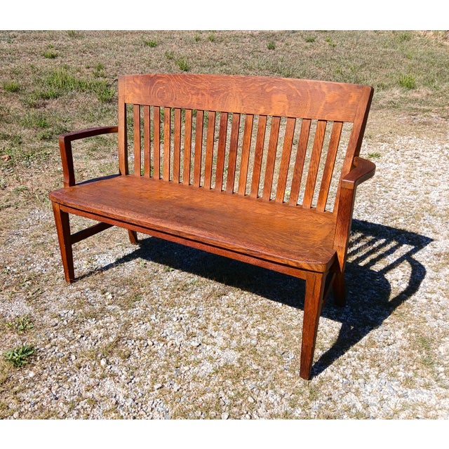 American Antique Quartersawn Oak Court House Bench Bl Marble Chair Co Bedford Ohio 1920 For Sale - Image 3 of 14