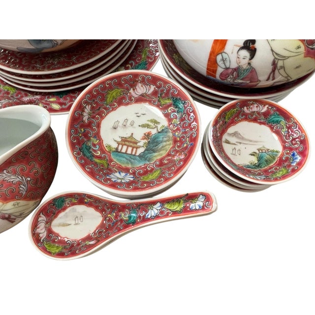 Mid-Century Vintage Mun Shou Longevity Hand Painted Luncheon Set, 28pcs. For Sale - Image 11 of 12