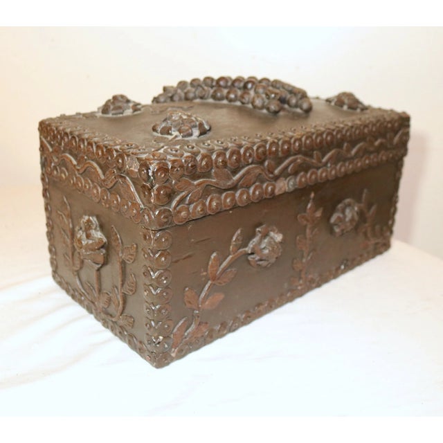 Rare Quality Antique 1800s Victorian Handmade Floral Wood Box Sculpture Folk Art For Sale - Image 4 of 12
