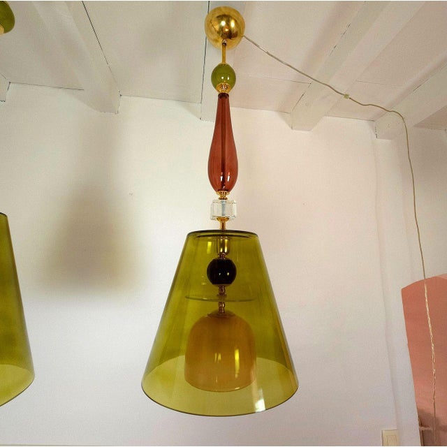 Early 21st Century Olive Green, Mid Century Modern, Murano Glass Pendant Lights - a Pair For Sale - Image 5 of 14