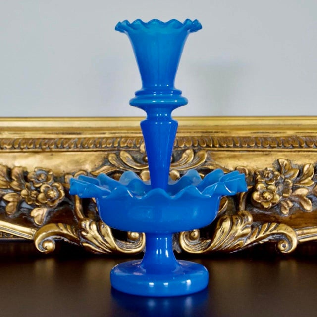 Boston & Sandwich Glass Co. Antique Blue Glass Epergne – Victorian Flower Vase, Circa 1860 For Sale - Image 6 of 6