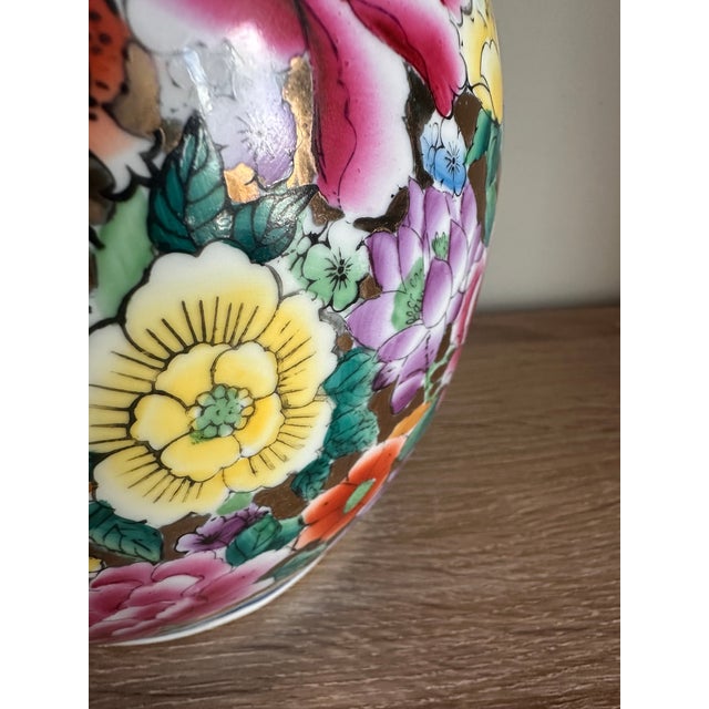Late 20th Century Vintage Chinese Famille Rose Style Hand-Painted Porcelain Vase With Gilt, 13" For Sale - Image 5 of 12