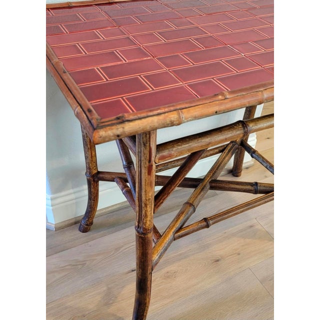 Red 19th Century Victorian Era Chinoiserie Japonism Bamboo Burgundy Red Ceramic Tiled Tray Table For Sale - Image 8 of 17