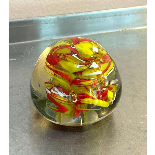 1950s-60s Murano style yellow/red glass orb paper weight. Excellent condition.