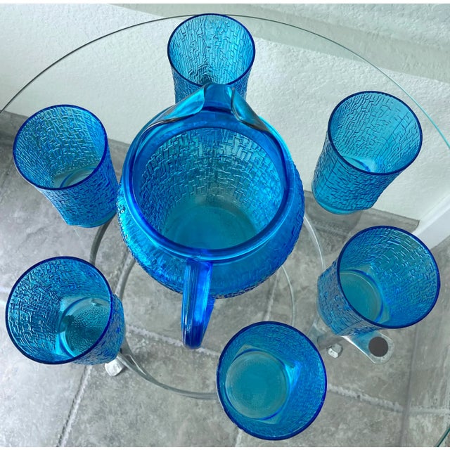 Circa 1973 “Pagoda” Laser Blue 7-Piece Beverage Set by Anchor Hocking For Sale - Image 9 of 12