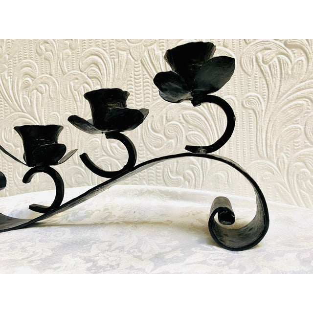 Mid-Century Handmade Black Iron 3 Flowers Candleabra With Scrolled Legs For Sale - Image 9 of 10