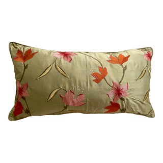 Lily Floral Embroidered Sage Silk Lumbar Decorative Pillow Cover For Sale
