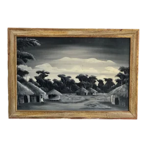 Mid-20th Century Monochrome Oil-On-Board African Village Scene, Framed