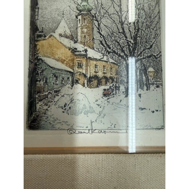 Circa 1954 Robert Kasimir "Grinzing in Winter" Hand Colored Etching, Framed For Sale - Image 12 of 12