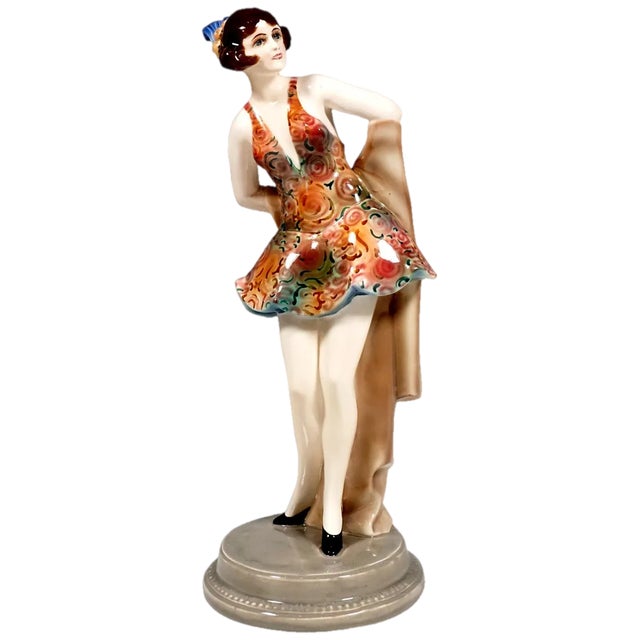 Art Deco Figure Standing Dancer with Headdress by Wilhelm Thomasch for Goldscheider, 1920s For Sale