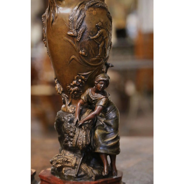 Pair of 19th Century French Verdigris Spelter Harvest Vases Signed Moreau For Sale - Image 10 of 12