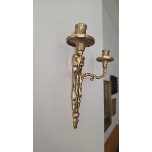 Bronze Pair Vintage Bronze Wall Candle Sconces, French Regency Style Candelabra, Hollywood Regency Brass Wall Decor, Neoclassical Candle Holders For Sale - Image 8 of 14