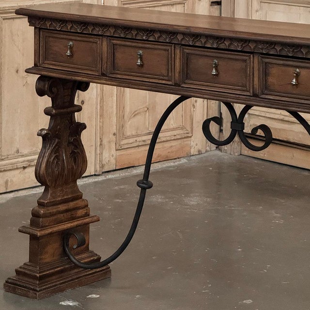 Mid Century Spanish Walnut Sofa Table ~ Console With Hand Forged Iron Stretcher For Sale - Image 10 of 18