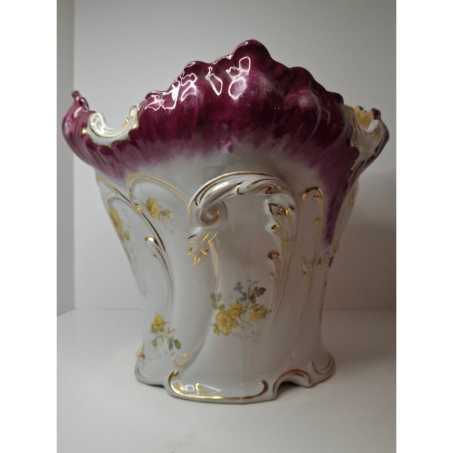 Early 20th Century Antique Victorian Porcelain Jardinière Planter Centerpiece Yellow Roses Gold Gilt Plum 11" For Sale - Image 5 of 18