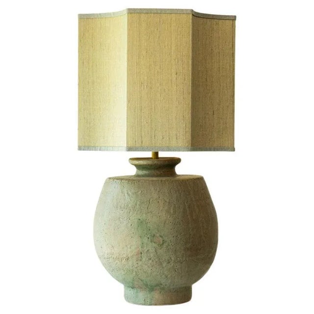 Large Pistachio Green Ceramic Table Lamp with Silk Lampshade attributed to R. Houben, 1970s For Sale - Image 10 of 10