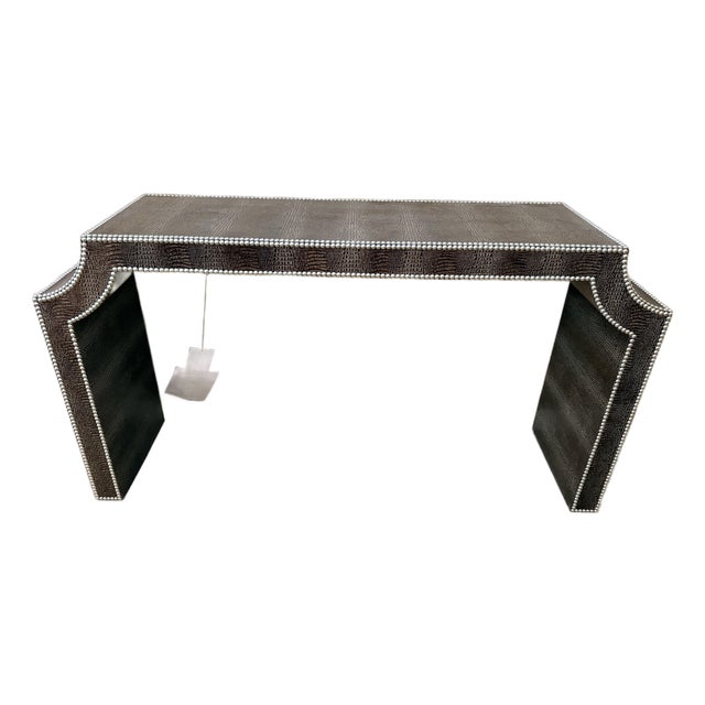 Bernhardt Crocodile Embossed Leather Console Table With Nickel Nailhead Trim For Sale