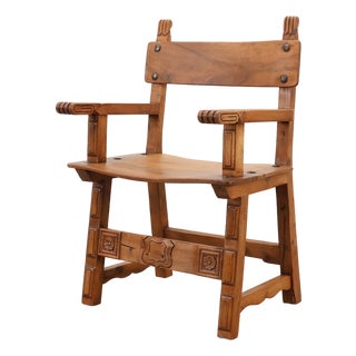 Rustic Carved Oak Iberian Side Chair, Spain, 1900 For Sale
