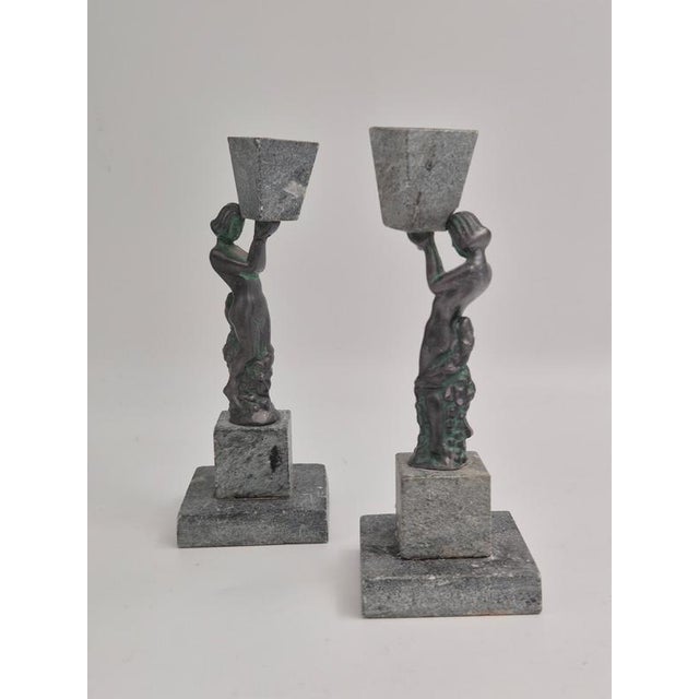 Rare decorative candle holders depicting women in bronze and base as well as holder in soapstone, Finland, 1920/30s Art...