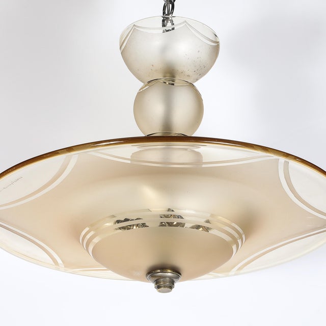1930s Art Deco Signed Daum Frosted Rose-Hue Saucer-Form Pendant Chandelier For Sale - Image 13 of 18
