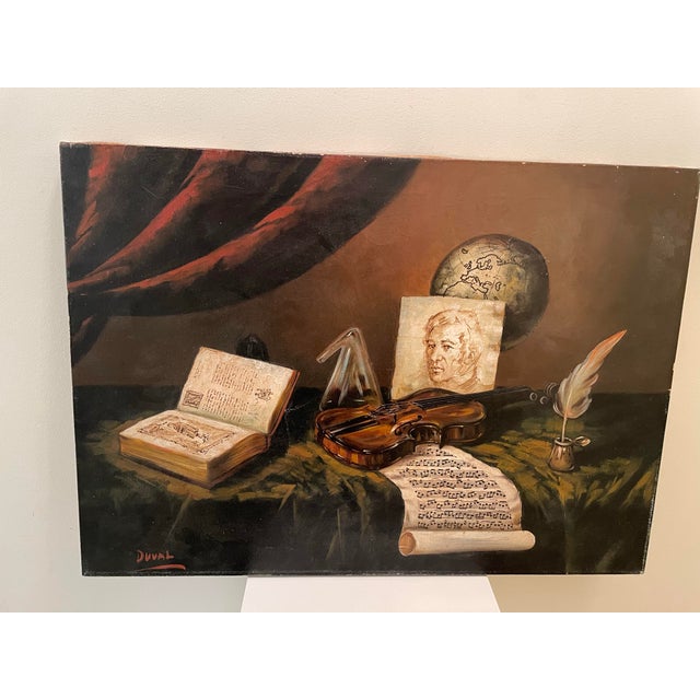 A richly composed vintage still-life painting featuring classical composer Mozart, styled with violin, sheet music, and...