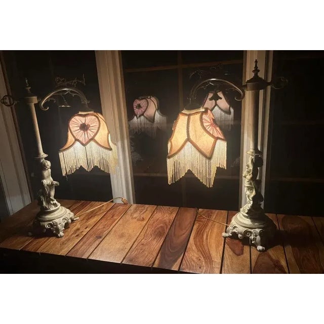 Vintage Cherub Boudoir Lamp Pair — Rococo Revival Putti Bases W/ Fringe Shades For Sale In Philadelphia - Image 6 of 10