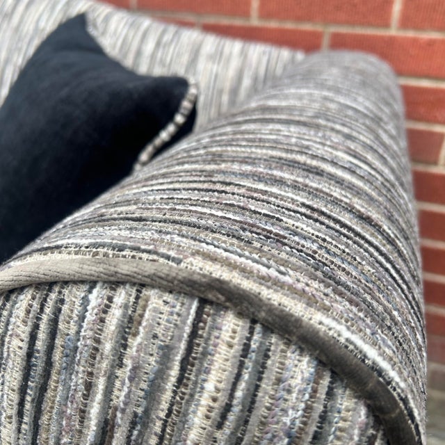 Traditional Mid 20th Century Vintage Velvet and Chenille Camelback Sofa in Black and Clay For Sale - Image 3 of 11