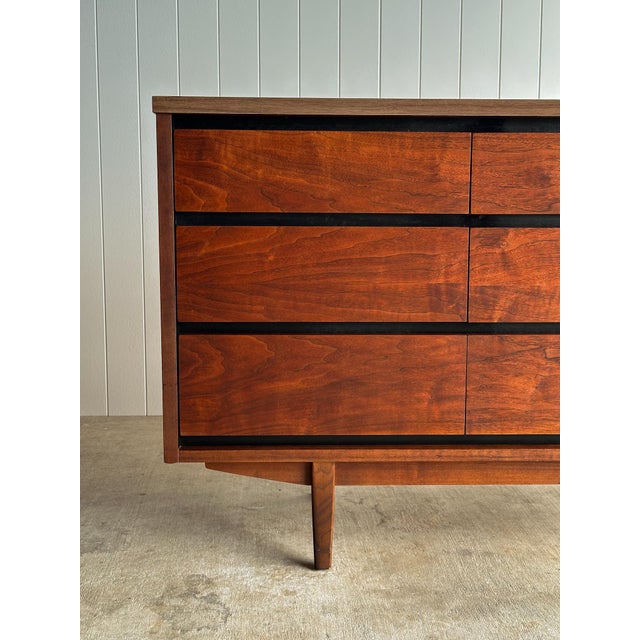 Mid-Century Modern 1960s Mid-Century Walnut Nine-Drawer Dresser by Stanley For Sale - Image 3 of 18