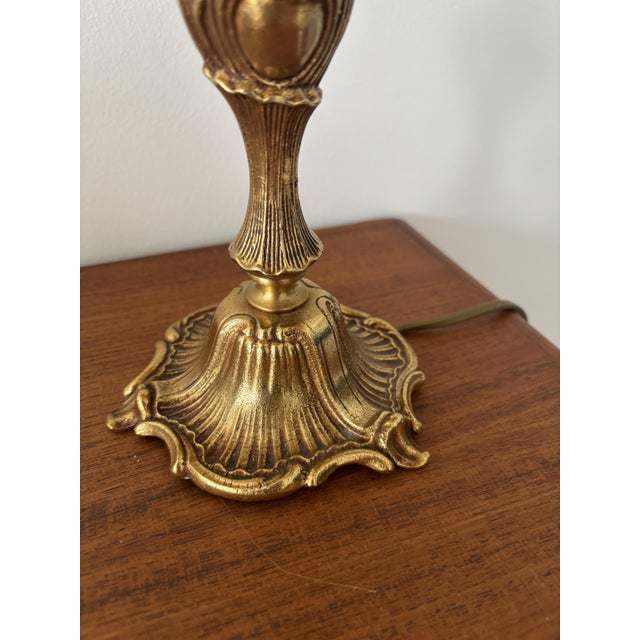 Gold Vintage Victorian Gilt Metal and Brass Lamp with Toile De Jouy Shade, 1950s For Sale - Image 8 of 9