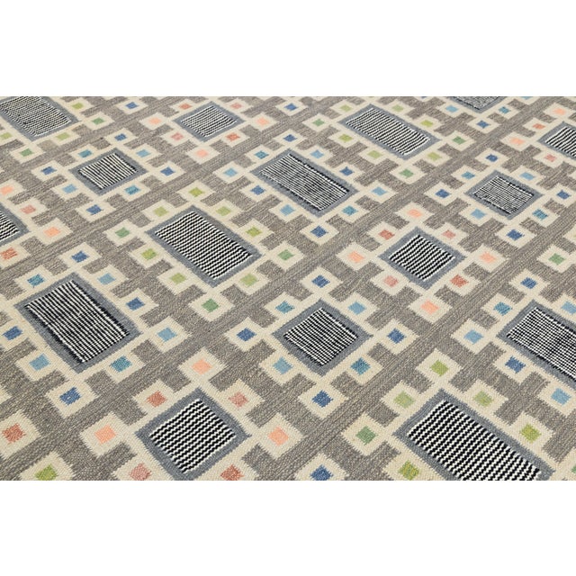 Off-white Nordic Geometric Handmade Wool Flatweave Rug in Charcoal, Off-White, and Pastels For Sale - Image 8 of 12