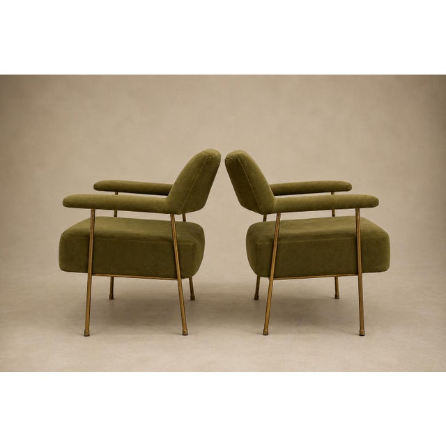 Brazilian Modern Pair of Armchairs in Aged Brass & Olive Green Mohair by Joaquim Tenreiro, 1950s For Sale - Image 14 of 17