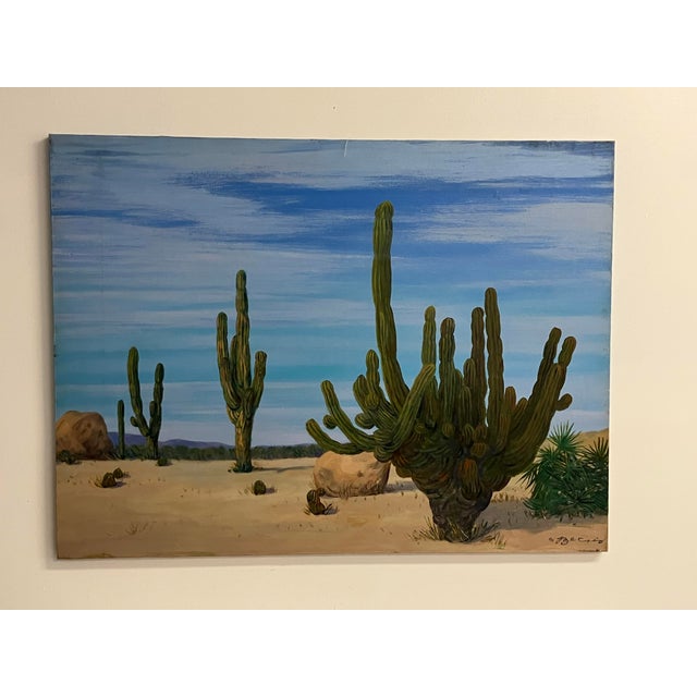 Large Desert Landscape Painting by Becrio, 1990 – Monumental Cactus Scene, 40” X 30” For Sale - Image 11 of 12