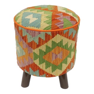 Boho Chic Handmade Kilim Upholstered Foot Stool For Sale