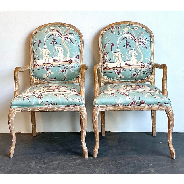 Wood Vintage Faux Bois Fauteuil Chairs - A Pair For Sale - Image 7 of 12