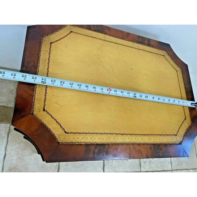 Brown 1940s Vintage Console Table Rectangle Lower Shelves Leather Top Curved Corners Inlays For Sale - Image 8 of 10