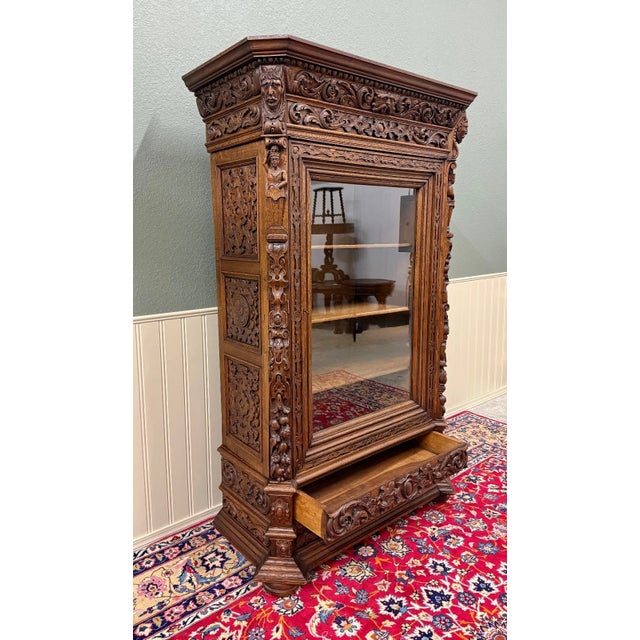 French Antique French Renaissance Revival Bookcase Cabinet Side Doors Oak C. 1880s For Sale - Image 3 of 13