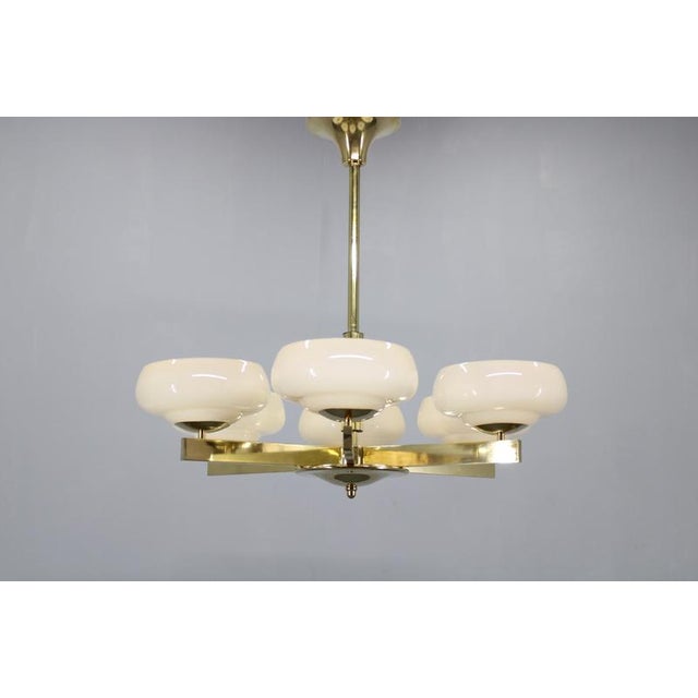 Art Deco Brass Chandelier with Opaline Glass, Czechoslovakia, 1930s For Sale - Image 3 of 15