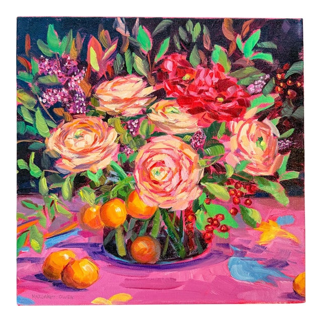Vibrant Oil Painting, Bouquet of Ranunculus and Oranges, Margaret Owen (20th Century) For Sale