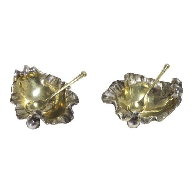 Original Pair of Antique European Heavy Cast Solid Coin Silver Open Salt Cellars & Matching Spoons For Sale