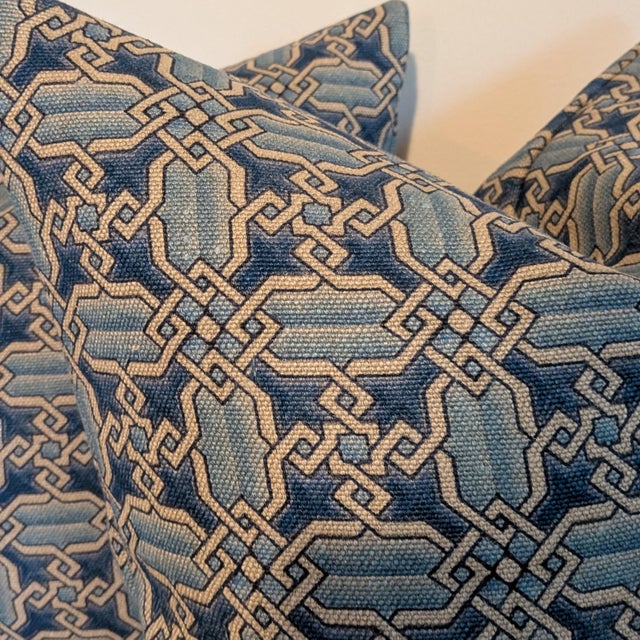 Textile Clarence House Vietri Blue on Linen Pillows- Double Sided Pair For Sale - Image 7 of 9
