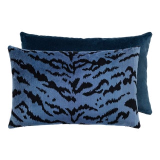 The House of Scalamandré Tigre/velvet Lumbar Pillow, Blue, 22 X 14 For Sale