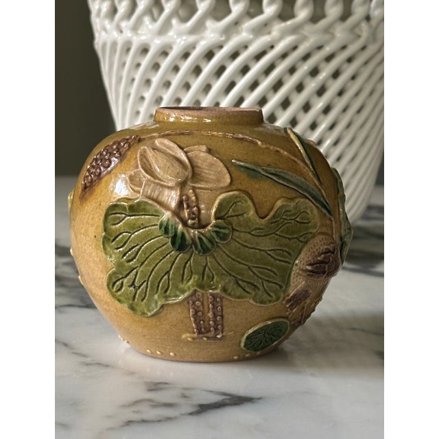 Antique Chinese Mustard Glazed Pottery Lotus & Crane Relief Vase / Ginger Jar For Sale - Image 13 of 16