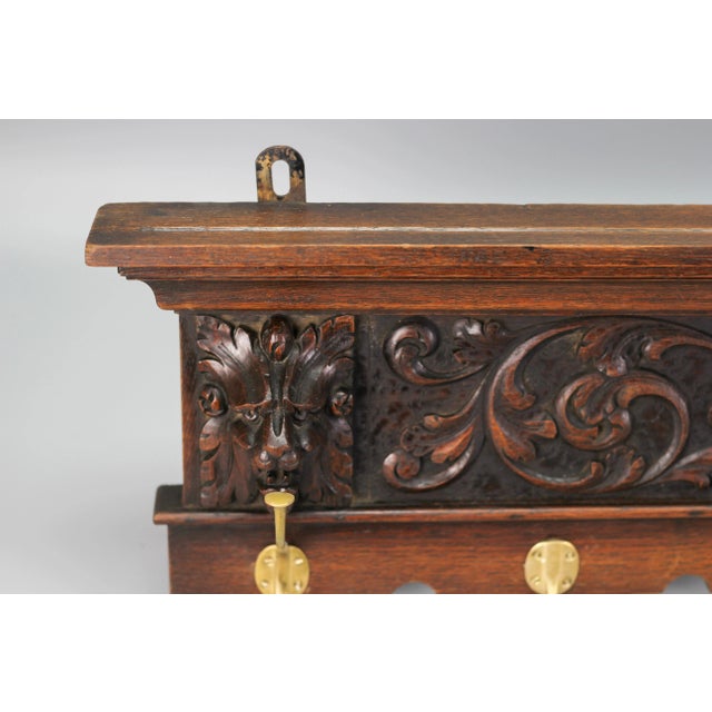 Wood Antique French Hand-Carved Oak and Brass Wall Coat Rack with Lion Heads, 1900s For Sale - Image 7 of 18