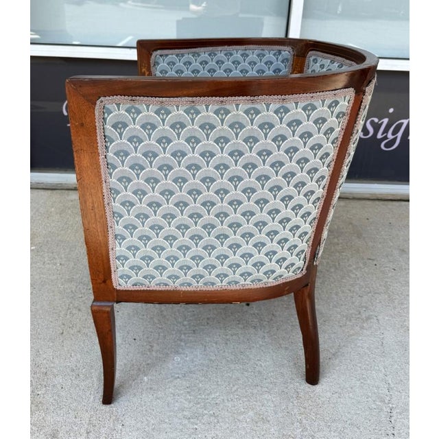 Early 20th Century Inlaid Barrel Back Chair With Scalloped Blue Upholstery For Sale - Image 4 of 14